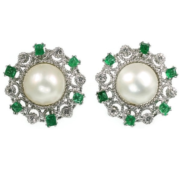 Vintage pearl diamond clip-on earrings emerald white gold